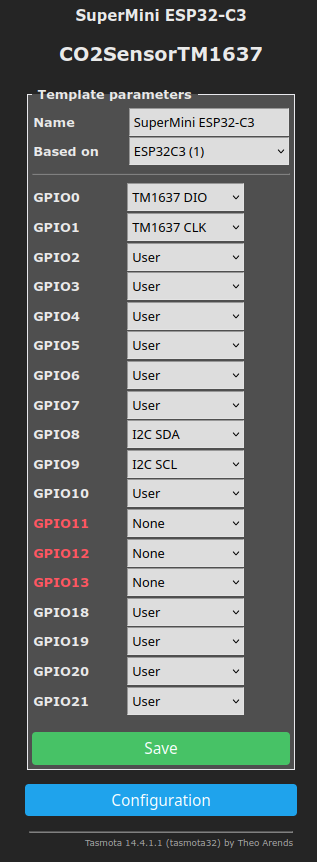 Configuration of the template