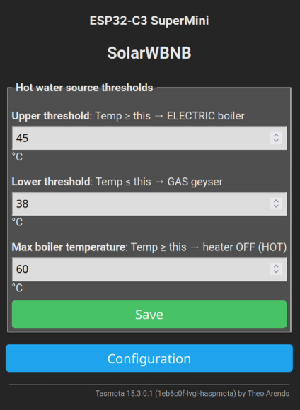 Tasmota WebUI: Configuration SolarWBNB